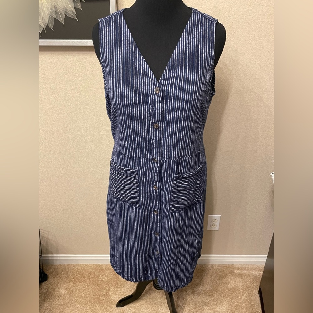 Old Navy Linen Cotton Striped Button Front Midi Dress Navy Blue Front Pockets XL